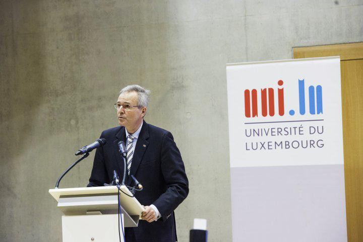 Rainer Klump, former chancellor of the University of Luxembourg, is seen speaking on the first day of classes at the institution’s Belval campus in September 2015. Klump resigned from his post this week. LaLa La Photo