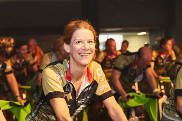 Iris Straube is pictured at an indoor cycling marathon to mark World Organ Donation Day Iris Straube
