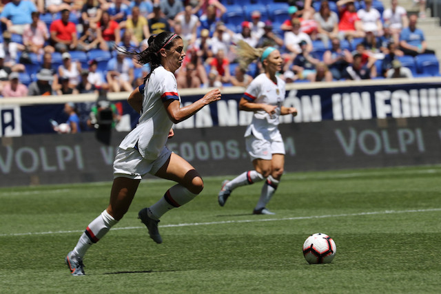 May 26, 2019 photo shows U.S. Women's National Soccer Team captain Alex Morgan #13 in action during friendly game against Mexico as preparation for 2019 Women's World Cup Shutterstock