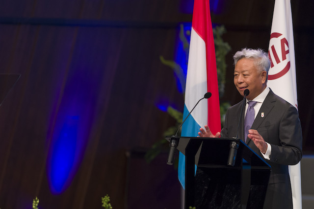 AIIB president Jin Liqun speaking at the bank's annual meeting opening ceremony on 12 July SIP/Jean-Christophe Verhaegen