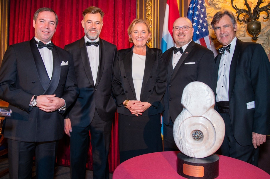 Crown Prince Guillaume; Franz Fayot, minister of economy; Paulette Lenert, health minister; David Domnisch, vice-president and general Manager of DuPont Tyvek; Michel Franck, president of the LACC Photo: LACC