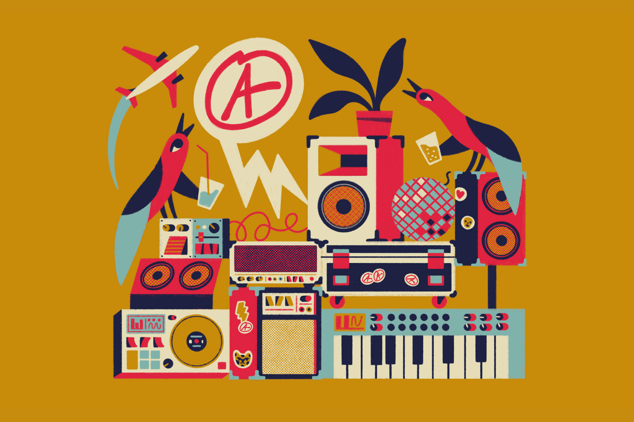 Artwork by Loïc Lusnia for den Atelier’s 30th anniversary, blending music and travel. (Loïc Lusnia)