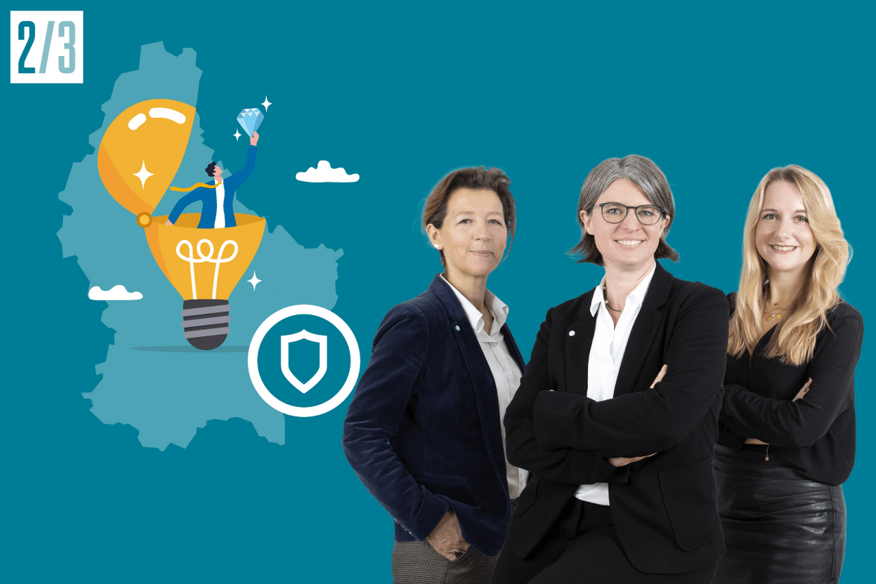 Valérie Corbiau, Conseil Européen en Marques, Dessins et Modèles, Marie-Christine Simon, Directrice du département marques au sein d’Office Freylinger, cabinet spécialisé en Propriété Industrielle et Eugénie Desmet, Conseil Européen en Marques, Dessins et Modèles.  Illustration Maison moderne et photos Office Freylinger