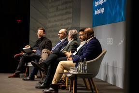 Andrew Keith Walker (Wepodcastyou), Bart Coppens (Intelliselect), Jorge Sanz (IBM Research), Stephen Grainger (Swift) and Vasu Gupta (Google) at Deutsche Börse’s 2024 Global Funding and Financing Summit, which took place at the European Convention Center in Kirchberg on 31 January and 1 February 2024. Photo: Eva Krins/Maison Moderne