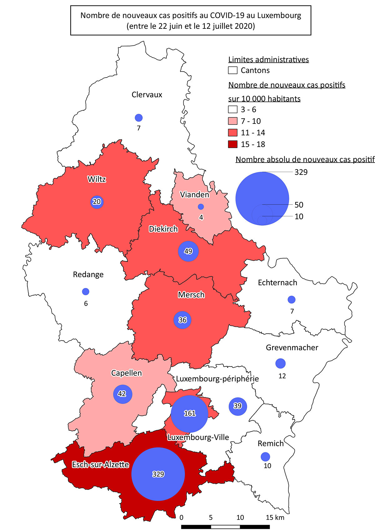 Le canton d’Esch-sur-Alzette a enregistré 329 nouveaux cas entre le 22 juin et le 12 juillet, deux fois plus qu’à Luxembourg-ville. Source: ministère de la Santé