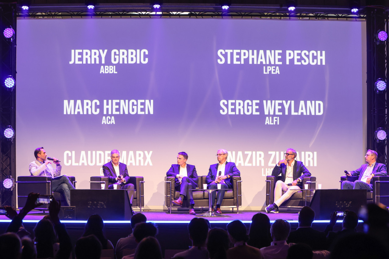 From left: Nasir Zubairi of the Luxembourg House of Financial Technology (Lhoft), Claude Marx at the Luxembourg Financial Sector Supervisory Commission (CSSF), Jerry Grbic at the Luxembourg Bankers’ Association (ABBL), Marc Hengen of the Luxembourg Insurance and Reinsurance Association (Aca), Serge Weyland of the Association of the Luxembourg Fund Industry (Alfi) and Stéphane Pesch at the Luxembourg Private Equity and Venture Capital Association (LPEA) are seen speaking on “The financial landscape of 2035 and how technology can get us there” panel at Nexus2050, 26 June 2024. Photo: Marie Russillo