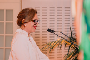 Jill Griffin (president of Dress for Success Luxembourg), pictured speaking at the association’s 10th anniversary gala. Photo: Kateryna Mostova for Dress for Success