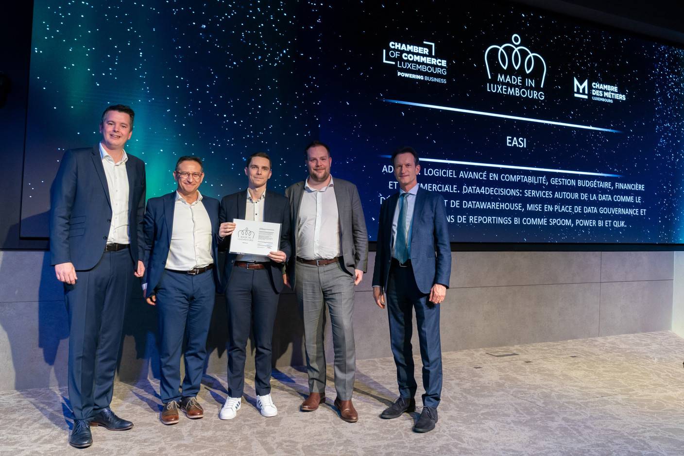 Official presentation of the Made in Luxembourg label to Easi and other companies present at an official ceremony. Photo: Chamber of Commerce Luxembourg