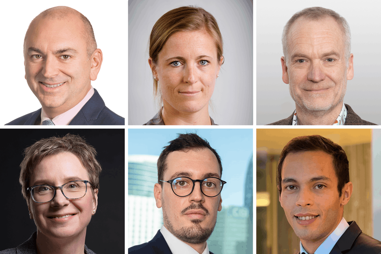 (l-r) Economists, including David Chappell, Evelyn Herrmann, Paul Jackson, Ulrike Kastens, Hugo Le Damany and Yasser Talbi, agree that a 25 basis point rate cut by the European Central Bank on Thursday is certain. However, the prospect of another rate cut in July appears unlikely. Photos: Columbia Threadneedle Investments, Bank of America Securities, Invesco, DWS, AXA Investment Managers, and Indosuez Wealth Management; Montage: Maison Moderne