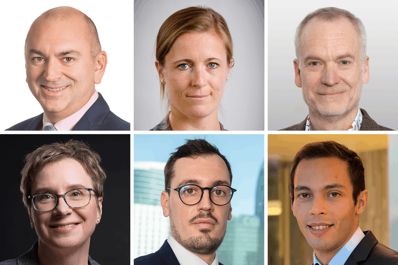 (l-r) Economists, including David Chappell, Evelyn Herrmann, Paul Jackson, Ulrike Kastens, Hugo Le Damany and Yasser Talbi, agree that a 25 basis point rate cut by the European Central Bank on Thursday is certain. However, the prospect of another rate cut in July appears unlikely. Photos: Columbia Threadneedle Investments, Bank of America Securities, Invesco, DWS, AXA Investment Managers, and Indosuez Wealth Management; Montage: Maison Moderne