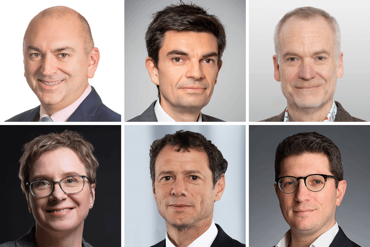 (l-r) Economists, including David Chappell, Thomas Giquel, Paul Jackson, Ulrike Kastens, Volker Schmidt and Samuel Zief, agree that the euro area monetary policy-setting governing council of the European Central Bank will take a breather on 18 July 2024, and await more data before implementing further rate cuts. Photos: Columbia Threadneedle Investments, Indosuez Wealth Management, Invesco, DWS, Ethenea and JP Morgan Private Bank; Montage: Maison Moderne
