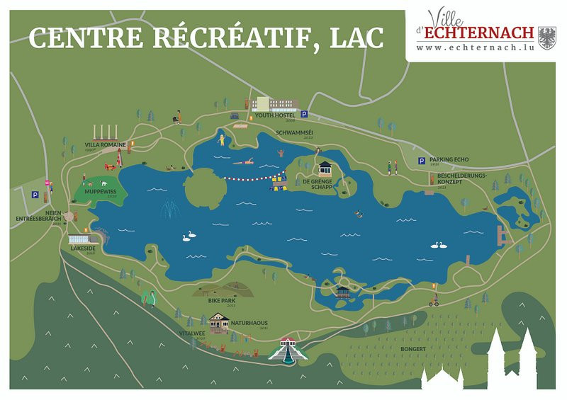 Le projet de site de baignade du lac d’Echternach, avec notamment le fameux ponton installé entre les deux îles.  (Photo: ville d’Echternach)
