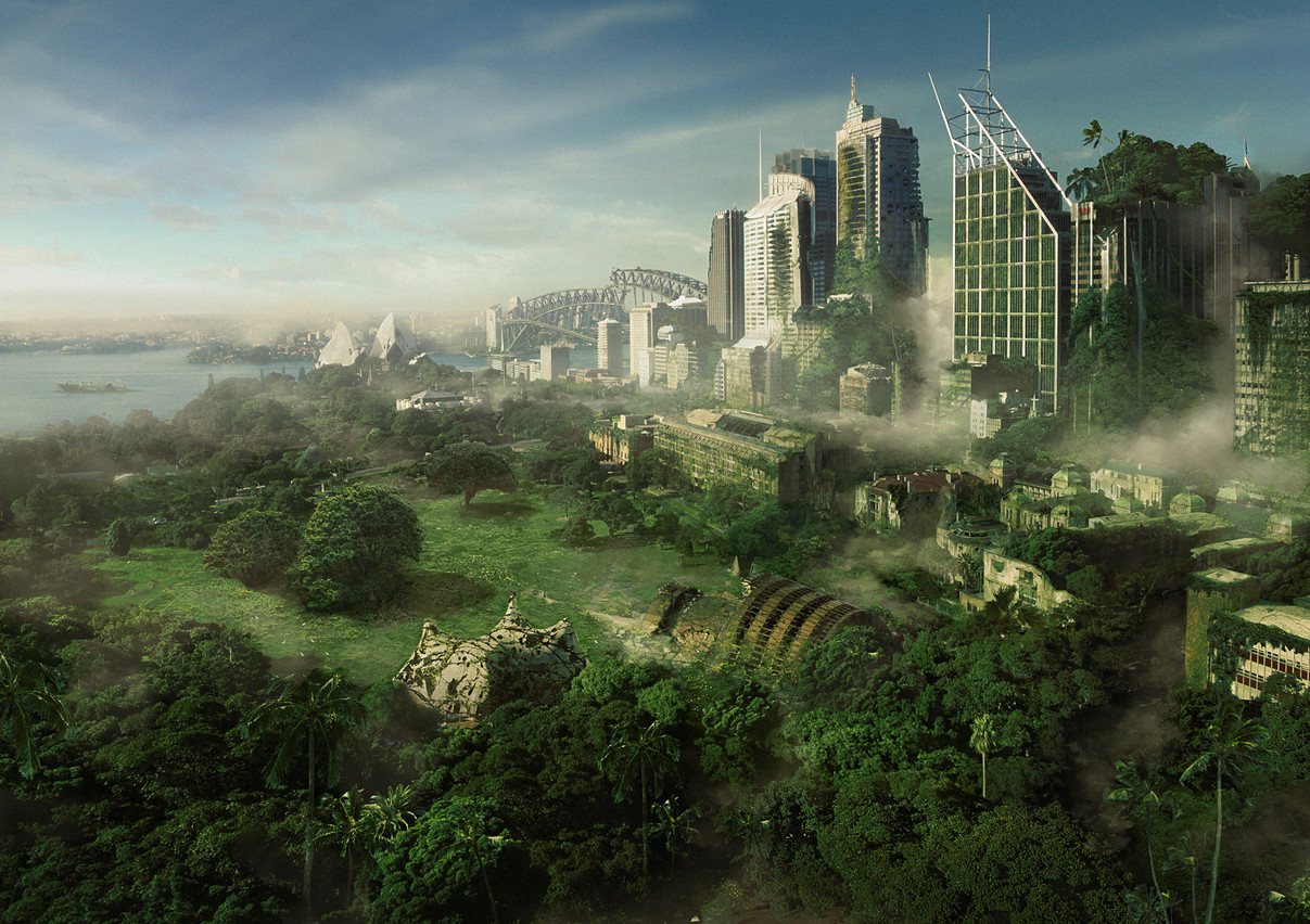 Futuristic green solarpunk city with lots of trees