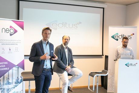 Le directeur des solutions innovantes Rémi Valentin, en charge de «Neo», le CEO d’Editus Hugues Langlet, et le directeur Marketing et communication Sebastien Goubrievsky, en charge de «One», entendent accélérer le passage vers une agence de référence dans le marketing des entreprises. (Photo: Matic Zorman/Maison Moderne)