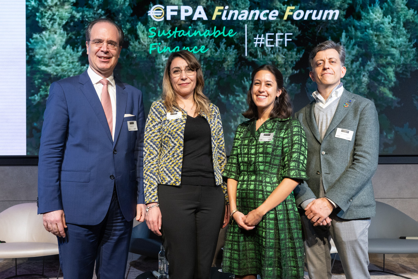 Hakan Lucius, European Investment Bank; Sonia Chikh M’Hamed, Essca business school; Giulia Bruni Roccia, Quintet Private Bank; Enrico Benetto, Luxembourg Institute of Science and Technology, seen during the EFPA Financial Forum, 19 March 2024. Photo: Guy Wolff/Maison Moderne