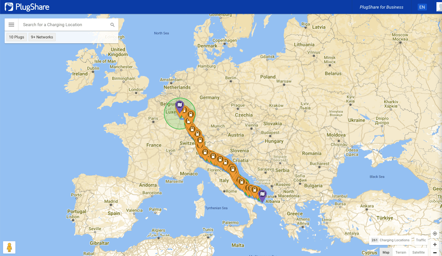 The 261 stations where you can charge a car, nearly half of which have at least six spaces, on the way from Luxembourg to southern Italy. Screenshot: PlugShare
