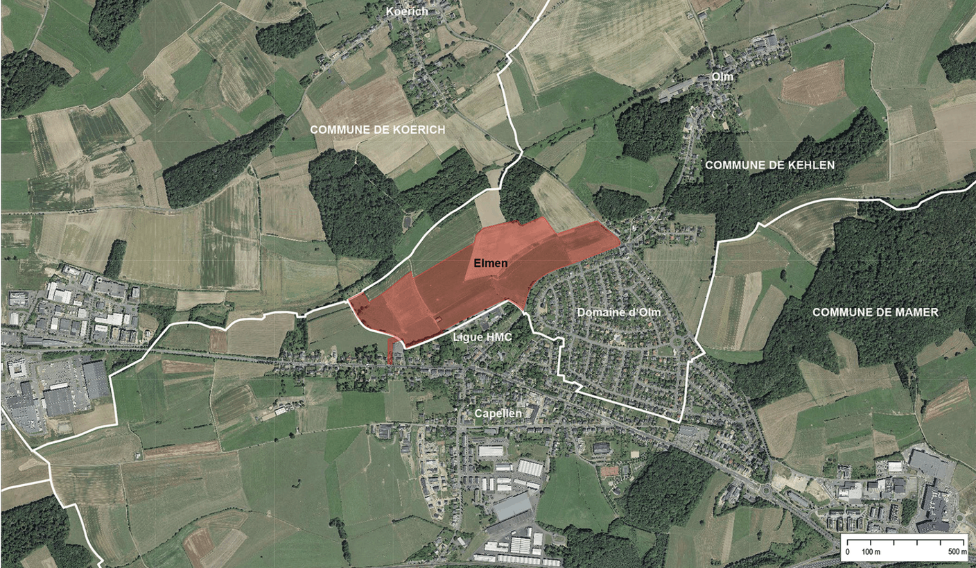 Le développement d’Elmen se situe entre Capellen, Koerich et Kehlen. (Illustration: SNHBM)
