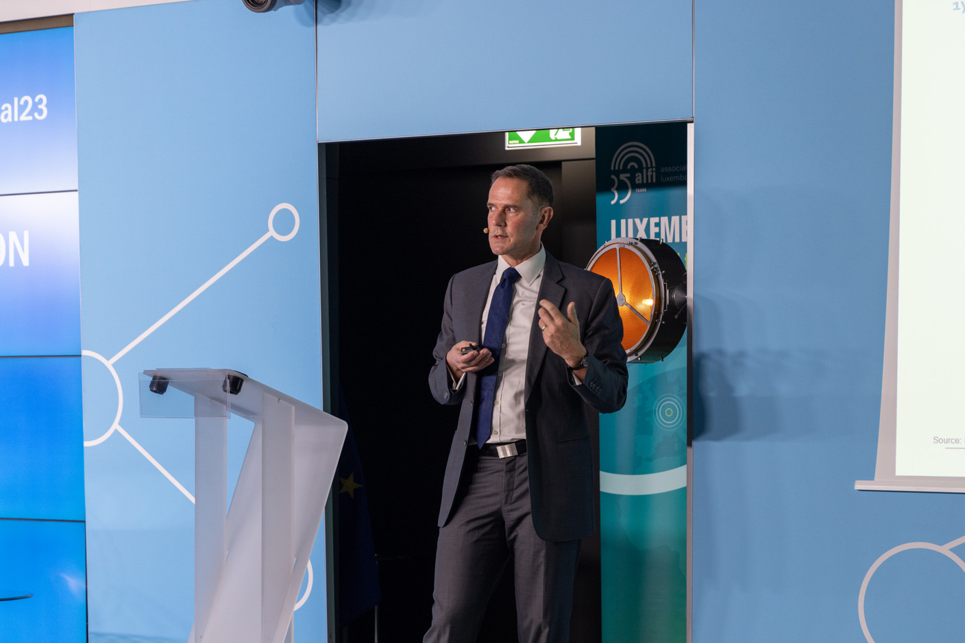 Anton Heese, global fixed income strategist & portfolio manager at Morgan Stanley, speaks on “The key macroeconomics challenges facing the investment management sector” during Alfi’s Global Distribution Conference, 20 September 2023. Photo: Romain Gamba/Maison Moderne
