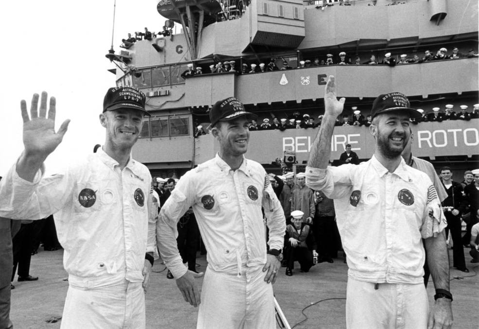 13 mars 1969, les Américains ont récupéré les trois astronautes d’Apollo 9, dont Rusty Schweickart ici à droite. Son seul vol dans l’espace. (Photo: Nasa)