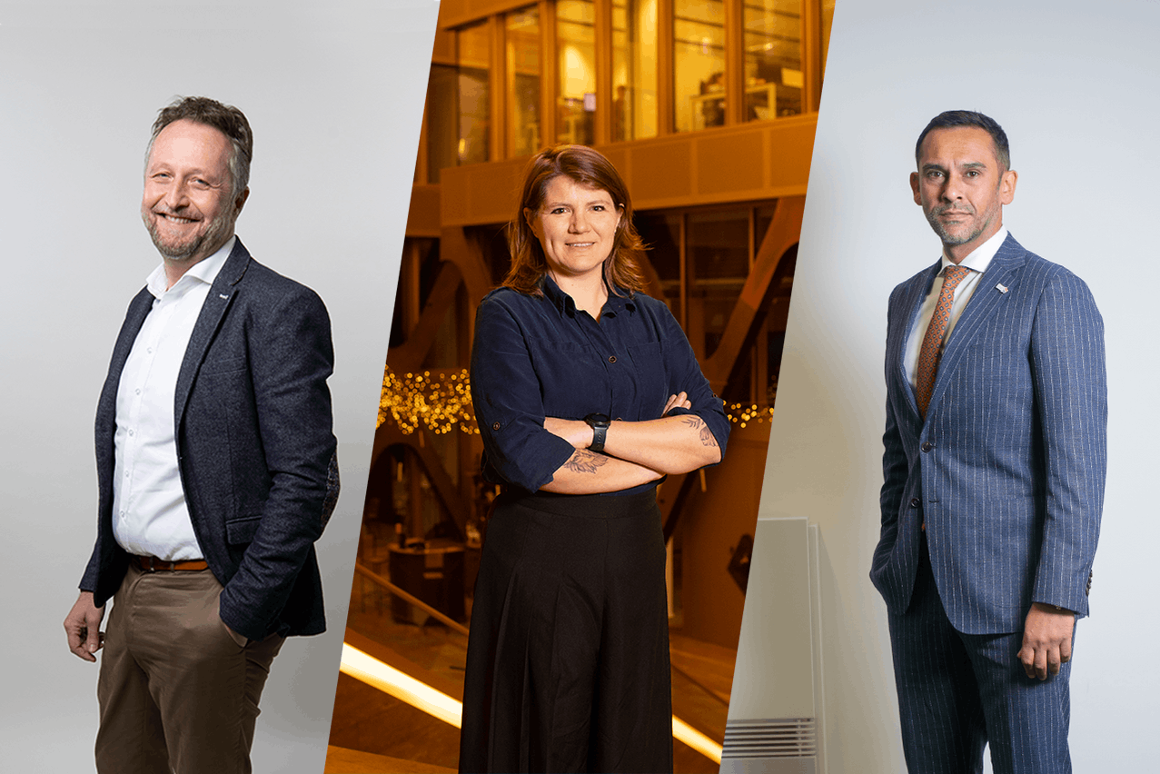 From left to right: Georges Bock (Moniflo), Julie Castiaux (KPMG) and Nasir Zubairi (Luxembourg House of Financial Technology). Photos and montage: Maison Moderne.