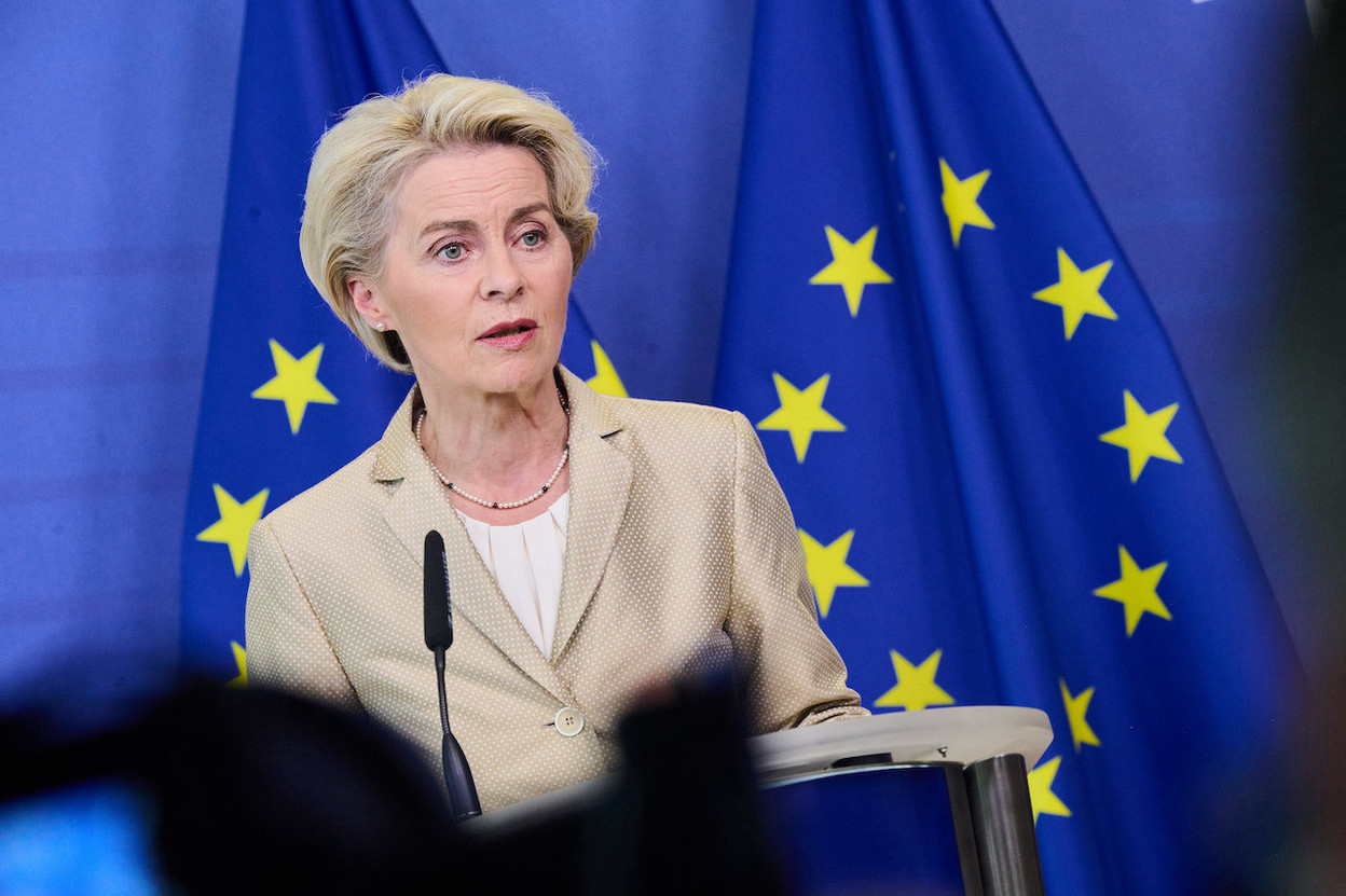 European Commission president Ursula von der Leyen, pictured announcing new sanctions against Russia on Tuesday, said on Friday that  the “illegal annexation proclaimed by Putin won’t change anything.” © EU/Dati Bendo