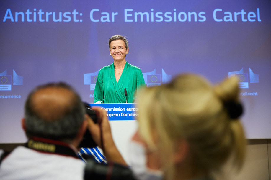 Margrethe Vestager, European competition commissioner, said that three German carmaking groups colluded “on the size of the AdBlue tanks placed in the diesel cars and on the ranges until the next refill,” during a press conference in Brussels, 8 July 2021. European Commission/Claudio Centonze