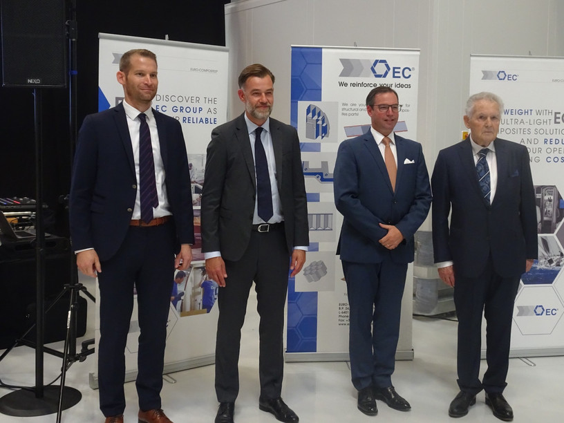 Christoph Herrmann, deputy CEO of Euro-Composites; Franz Fayot, economy minister; Crown Prince Guillaume; and Rolf Mathias Alter, president & CEO Euro-Composites, seen at the Euro-Composites facility in Echternach, 10 September 2019. Photo credit: Ministère de l’Économie
