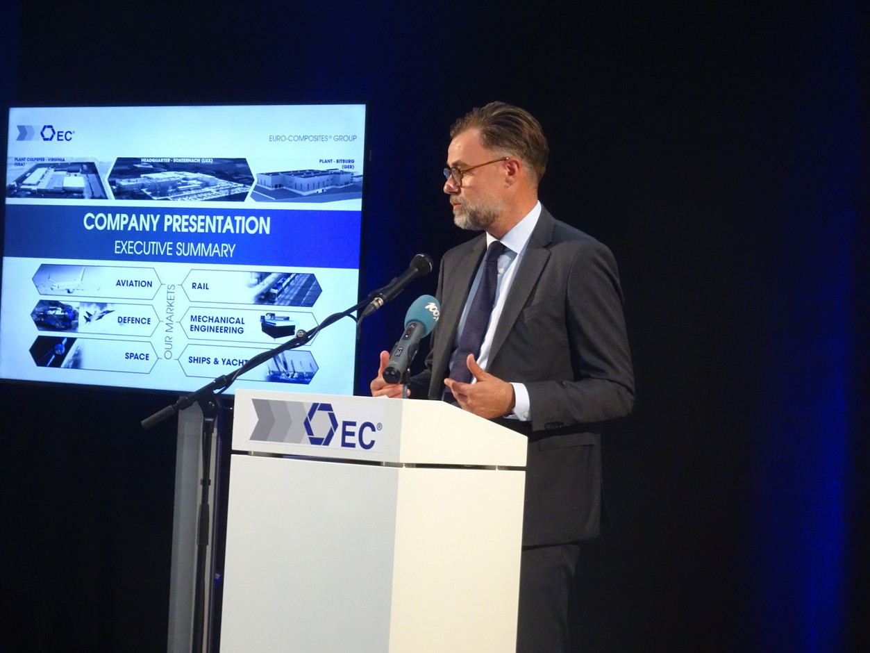 Franz Fayot, the economy minister, is seen speaking at the Euro-Composites facility in Echternach, 10 September 2019. Photo credit: Ministère de l’Économie