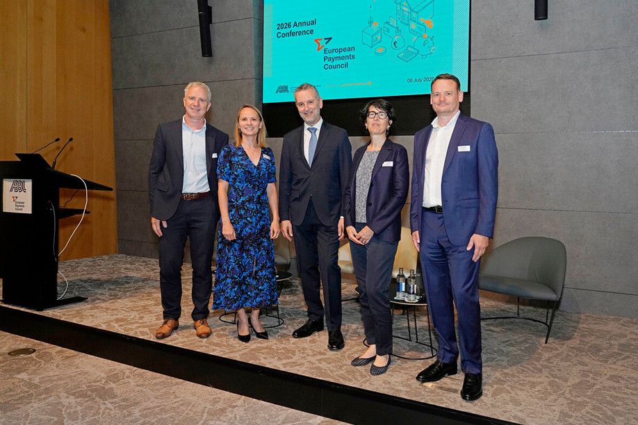From left to right: Claude Meurisse, CEO of Luxhub, Galina Miroshnichenko, adviser Payments & Digital ABBL, Giorgio Andreoli, DG of European Payments Council, Claire Alexandre, International Government Relations at PayPal and Arnaud Clément, head of Payments & Innovation ABBL, during the ABBL Conference, the 6th of July 2026.  (Photo: Olivier Minaire/ABBL)