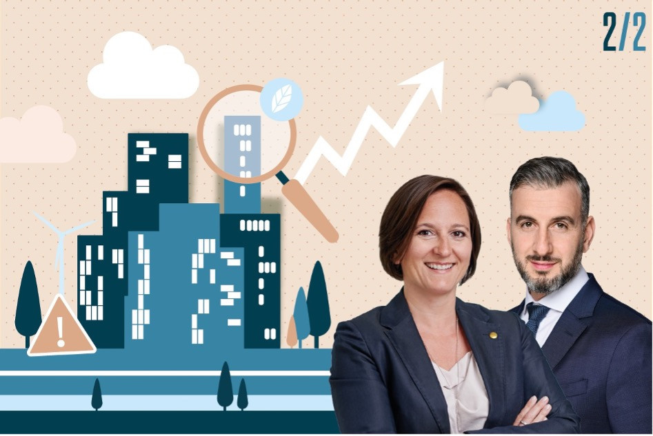 Greet Hex, Head of Value and Risk Advisory chez JLL Belux ; Adem Yasar, Director, Development Advisory & Value and Risk Advisory chez JLL Luxembourg Crédit illustration : Maison Moderne & crédit photo : JLL