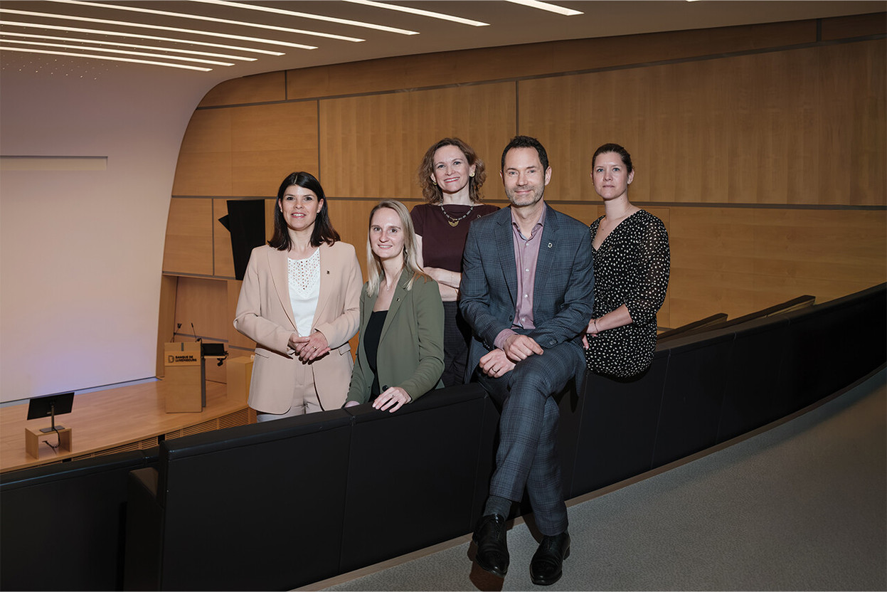 From left to right: Aurélia Zancanello, Event Communication Officer; Michèle Wagner, Event Communication Officer; Cristina Mocka, Head of Event Creation; Jérémy Willaume, Head of Marketing & Communication; Aurore Massé-Moutier, Event Communication Officer. Photo: Patricia Pitsch / Paperjam