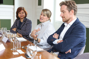 Niv DasGupta (LOGIXtech / euroLOGIX), Esther Pierard (Paperjam+Delano Business Club) and Patrick Van Egmond (LuxMobility) at a TGIF lunch on 29 September 2023. Photo: Marie Russillo / Maison Moderne