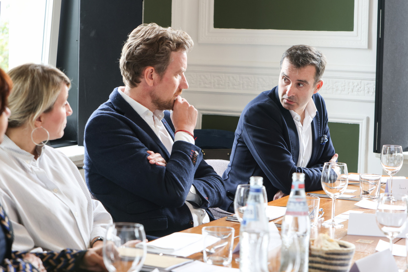 Esther Pierard (Paperjam+Delano Business Club), Patrick Van Egmond (LuxMobility) and Renaud Le Squeren (DSM Avocats à la Cour) at a TGIF lunch on 29 September 2023. Photo: Marie Russillo / Maison Moderne