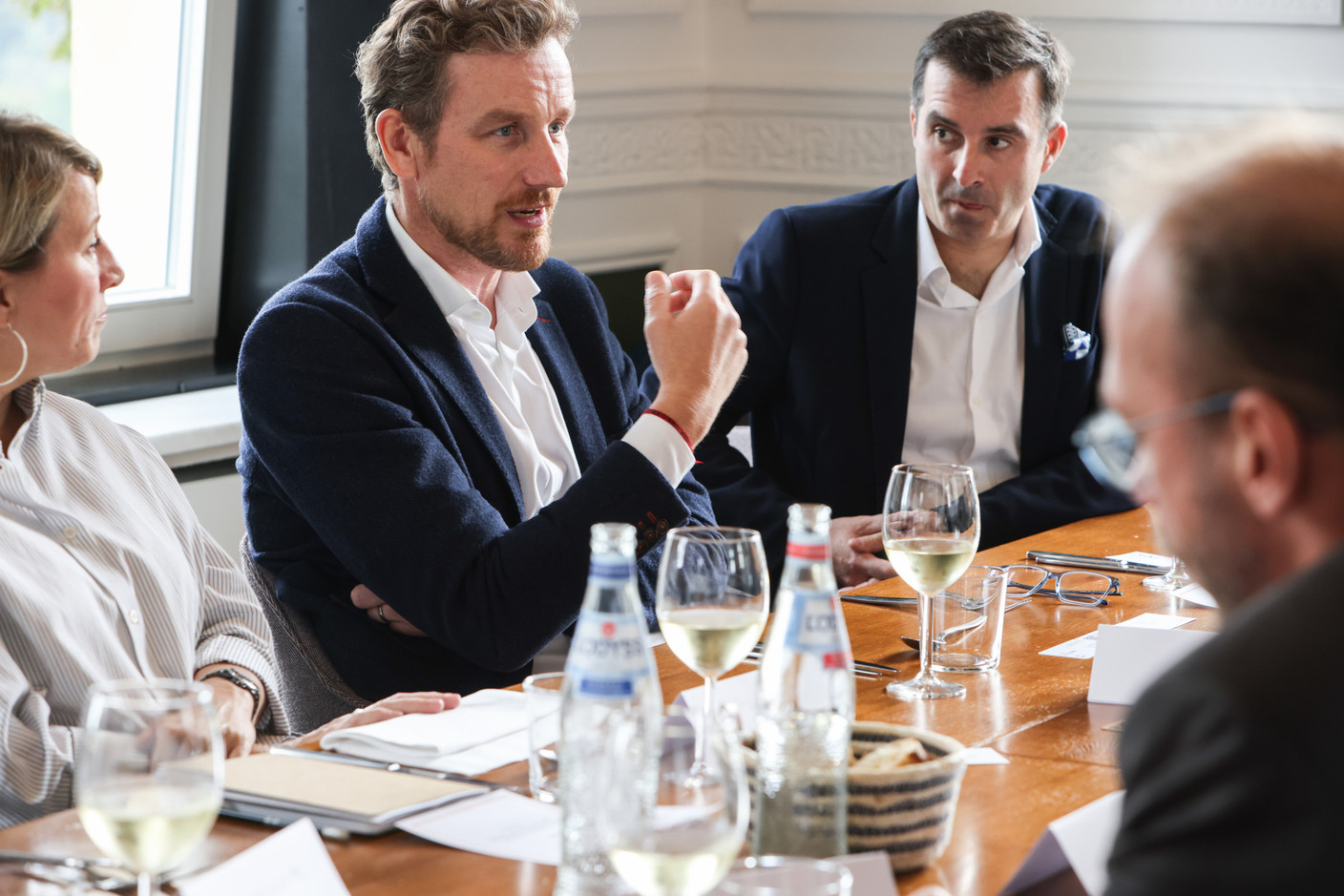 Patrick Van Egmond (LuxMobility) and Renaud Le Squeren (DSM Avocats à la Cour) at a TGIF lunch on 29 September 2023. Photo: Marie Russillo/Maison Moderne