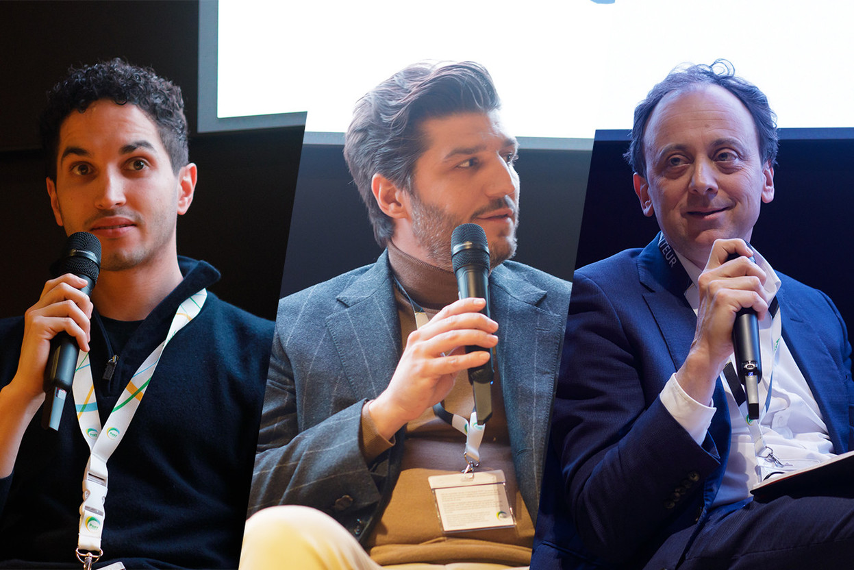 From left to right: Mamoun Benkirane is CEO of Marketleap; Davide Martucci is CEO of Next Gate Tech; Franck Vialaron is CEO of Accelex. The three spoke on a panel titled “Artificial intelligence: Hype or reality” during the second annual edition of Expon Capital’s Digital Tech Fund event on 25 January 2024 at Post Luxembourg’s Helix headquarters. All three are portfolio companies in Expon’s fund. Photos: Matic Zorman/Maison Moderne. Montage: Maison Moderne