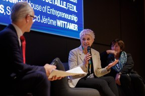 Jérôme Wittamer (Expon Capital), Sasha Baillie (Luxinnovation), Michèle Detaille (Fedil) during a panel discussion on the state of entrepreneurship in Luxembourg during Expon Capital's second annual Digital Tech Fund event, 25 January 2024. Photo: Matic Zorman / Maison Moderne