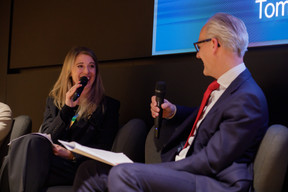 Stéphanie Damgé (House of Entrepreneurship) and Jérôme Wittamer (Expon Capital) during a panel discussion on the state of entrepreneurship in Luxembourg during Expon Capital's second annual Digital Tech Fund event, 25 January 2024. Photo: Matic Zorman / Maison Moderne