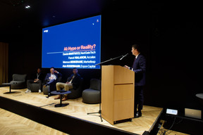 Mamoun Benkirane (Marketleap), Franck Vialaron (Accelex), Davide Martucci (Next Gate Tech), Alain Rodermann (Expon Capital) during a panel focused on artificial intelligence at Expon Capital's second annual Digital Tech Fund event at Post Luxembourg’s Helix headquarters, 25 January 2024.  Photo: Matic Zorman / Maison Moderne