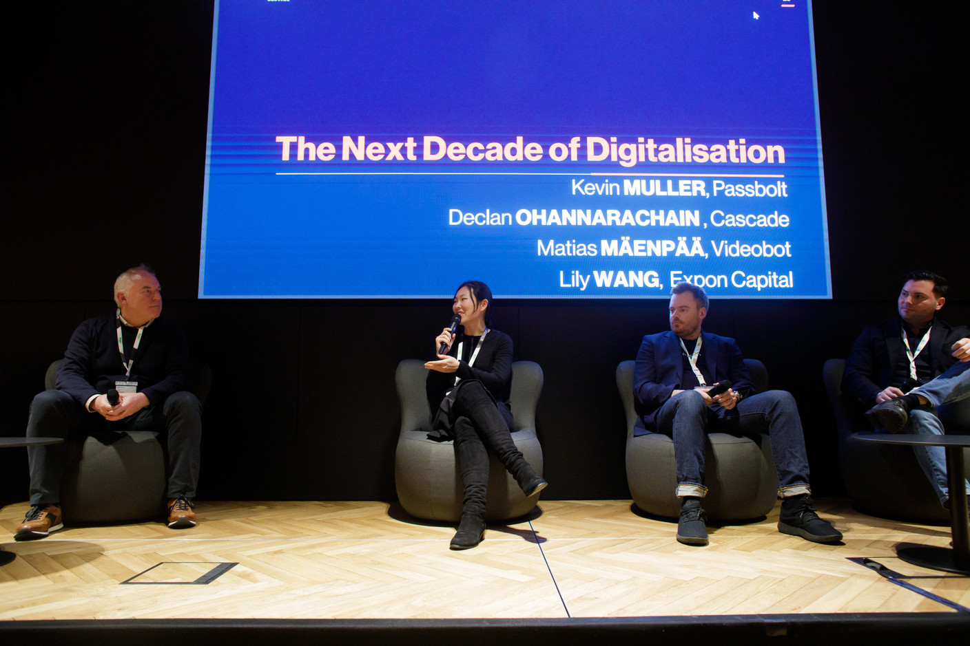 Declan Ohannrachain (Cascade), Lily Wang (Expon Capital), Matias Mäenpää (Videobot), Kevin Muller (Passbolt) during a panel focused on digitalisation at Expon Capital's second annual Digital Tech Fund event at Post Luxembourg’s Helix headquarters, 25 January 2024. Photo: Matic Zorman / Maison Moderne