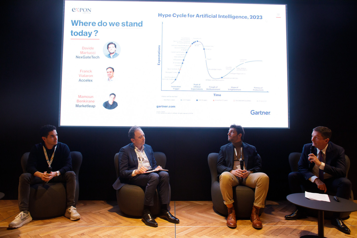 Mamoun Benkirane (Marketleap), Franck Vialaron (Accelex), Davide Martucci (Next Gate Tech), Alain Rodermann (Expon Capital) during a panel focused on artificial intelligence at Expon Capital's second annual Digital Tech Fund event at Post Luxembourg’s Helix headquarters, 25 January 2024.  Photo: Matic Zorman / Maison Moderne