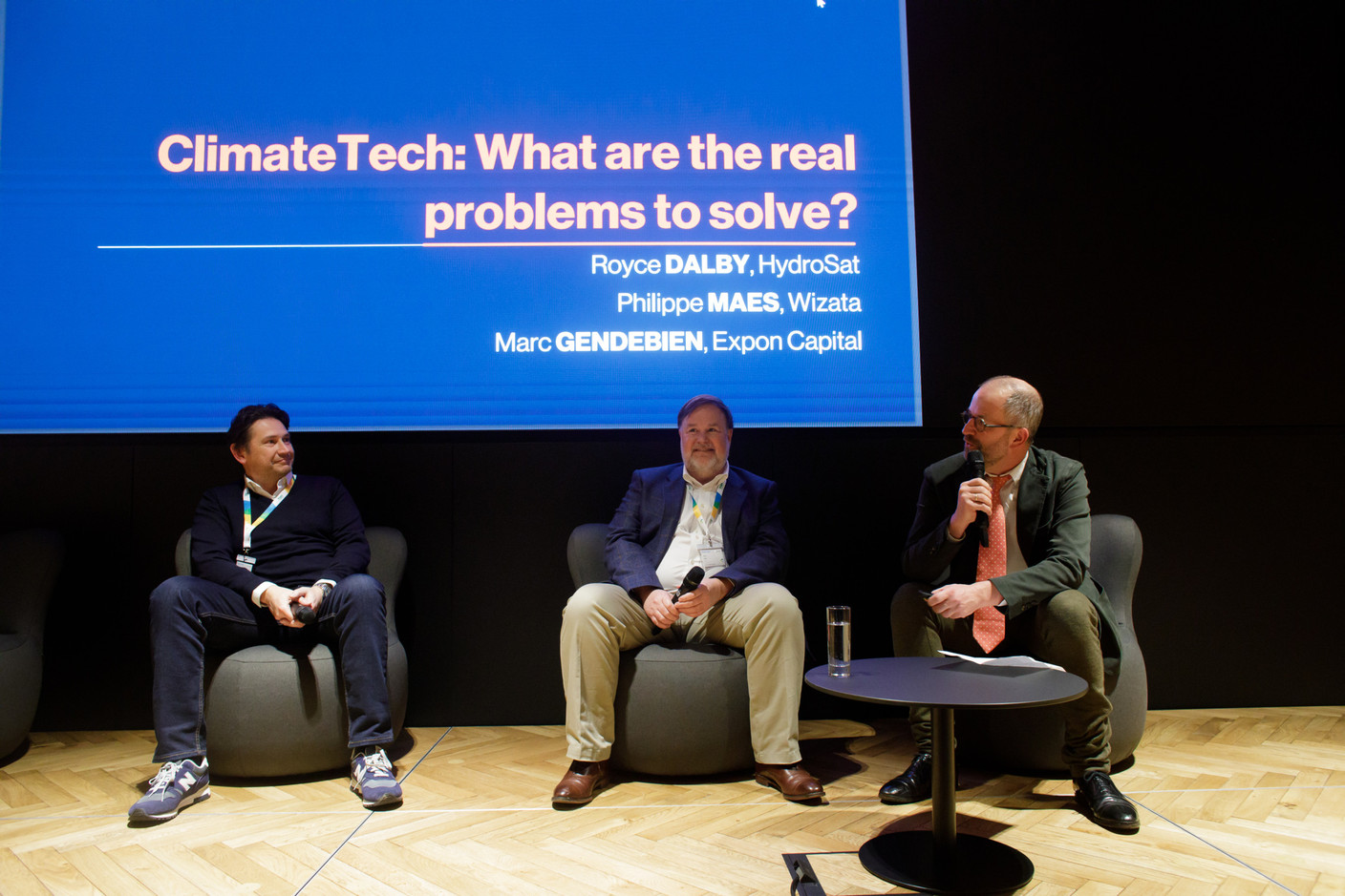 Philippe Maes (Wizata), Royce Dalby (Hydrosat), Marc Gendebien (Expon Capital) during a panel dedicated to climate tech at Expon Capital's second annual Digital Tech Fund event at Post Luxembourg’s Helix headquarters, 25 January 2024.  Photo: Matic Zorman / Maison Moderne