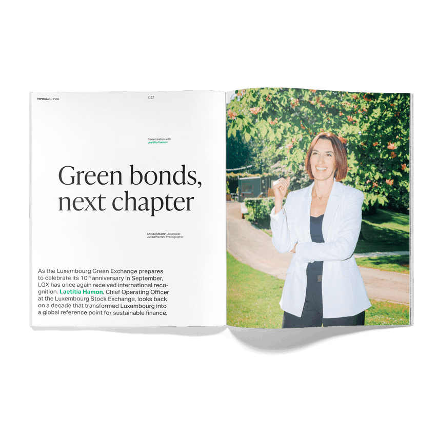 In an interview with journalist Anissa Maamri, Laetitia Hamon discusses the creation of the green stock exchange and the challenges ahead.  (Visual: Paperjam)