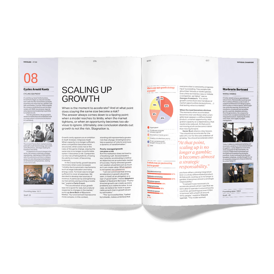 The magazine features ten themed articles, in both French and English, addressing the major challenges faced by family businesses and ‘national champions’.  (Visual: Paperjam)
