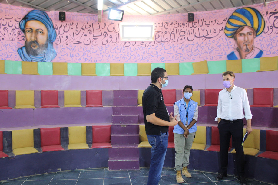 Franz Fayot is seen with aid workers from the CARE non-governmental organisation at a community centre they run in the Azraq refugee camp in Jordan. Photo: MAEE