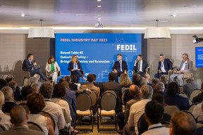 De gauche à droite: René Winkin, General Manager, FEDIL, Anne Calteux, Head of Representation of EU Commission to Luxembourg, Jana Meisser, Head of Special projects, Long products, ArcelorMittal, Franz Fayot, Minister of the Economy, Christophe Hansen, Member of the European parliament,  Pierre Laffont, Director, EU Affairs, France Industrie et Georges Rassel, Vice-Chair, FEDIL, lors du Fedil Industry Day 2023.   (Photo: Romain Gamba/Maison Moderne)