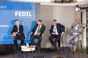 Franz Fayot, Minister of the Economy, Christophe Hansen, Member of the European Parliament, Pierre Laffont, Director, EU Affairs, France Industrie, et Georges Rassel, Vice-Chair, FEDIL. (Photo: Romain Gamba/Maison Moderne)
