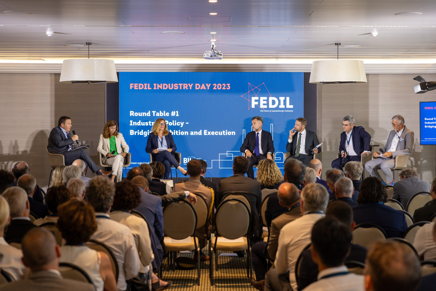 De gauche à droite: René Winkin, General Manager, FEDIL, Anne Calteux, Head of Representation of EU Commission to Luxembourg, Jana Meisser, Head of Special projects, Long products, ArcelorMittal, Franz Fayot, Minister of the Economy, Christophe Hansen, Member of the European parliament,  Pierre Laffont, Director, EU Affairs, France Industrie et Georges Rassel, Vice-Chair, FEDIL, lors du Fedil Industry Day 2023.   (Photo: Romain Gamba/Maison Moderne)
