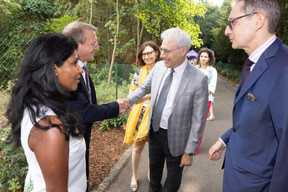 Ambassador Thomas Lambert and his wife Sofie Lambert-Geeroms (left) greeting guests during the Belgian National Day reception on Thursday evening. On right François Moyse (Moyse & Associates). Guy Wolff/Maison Moderne