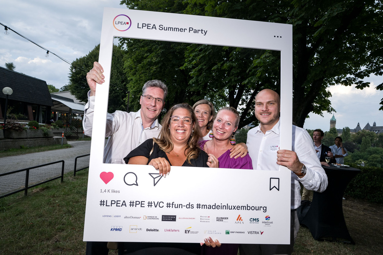 Raphaël Eber (BDO), Kelly Anckenmann (Fuchs), Laura Totaro (Quintet), Ann Elisabeth Johnsen (Quintet) and Maxime Mathis (Quintet) at the Luxembourg Private Equity and Venture Capital Association’s (LPEA) summer party, held on 11 July at the Hotel Parc Belle-Vue in Luxembourg City. Photo: Nader Ghavami