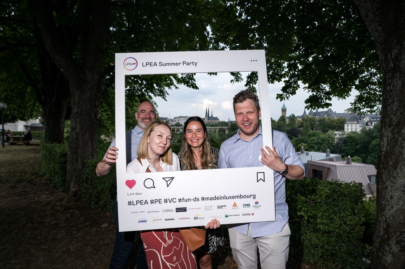 Neil Scoble (Cascade), Ekaterina Lebedeva & Merve Kirca (Loyens & Loeff) and Maciej Waloszyk (Cascade) at the Luxembourg Private Equity and Venture Capital Association’s (LPEA) summer party, held on 11 July at the Hotel Parc Belle-Vue in Luxembourg City. Photo: Nader Ghavami